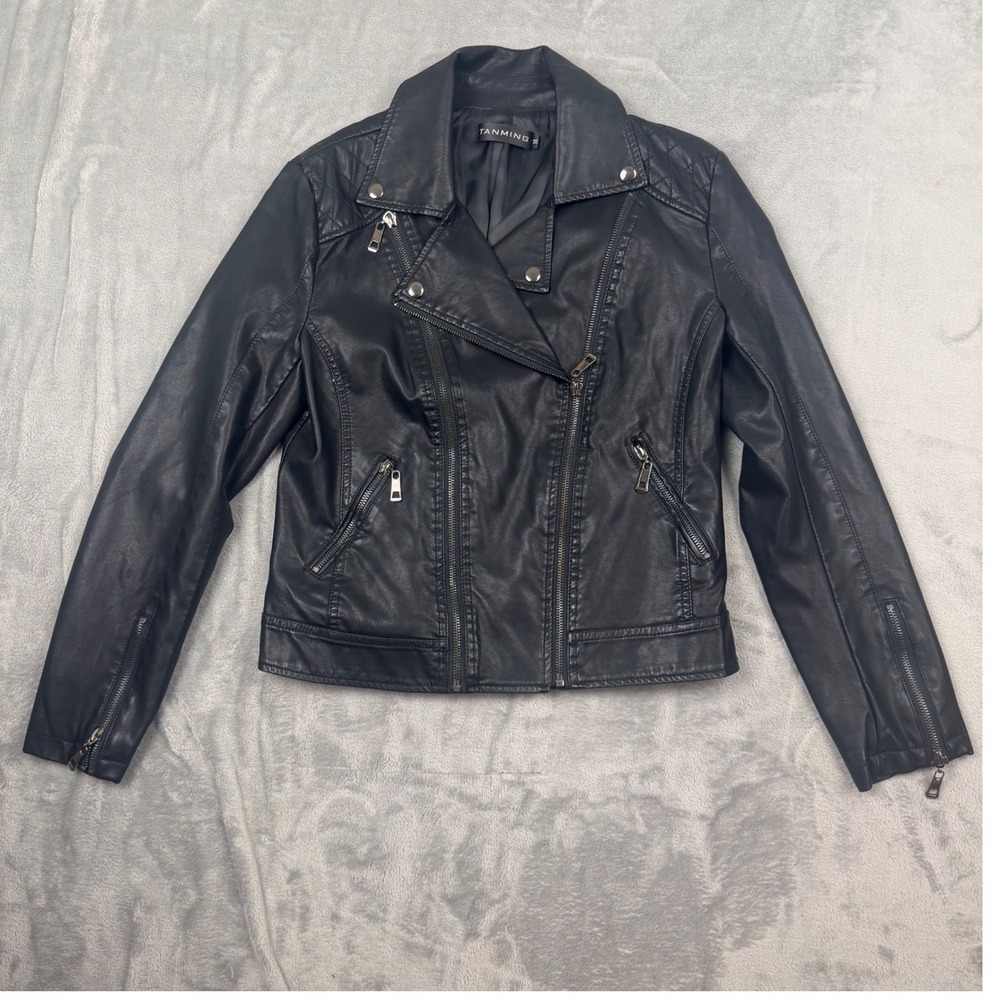 Tanming Moto Jacket Womens Medium Black Faux Leather Quilted Asymmetrical Zip